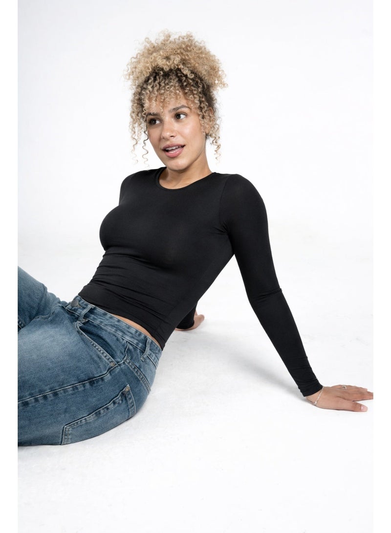 Beyond Women's Black Boat neck Long sleeve bodysuit - Image 2